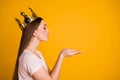 Close up side profile photo beautiful she her lady leader gold crown head coronation nomination special social status Royalty Free Stock Photo