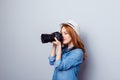 Close up side profile photo beautiful she her lady toothy traveler photograph hand arm camera make take creative images