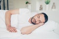 Close up side profile photo fall asleep he him his attractive guy vacation sunday saturday daily dream eyes closed lean