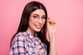 Close up side profile photo funky funny amazing her she lady hold arm hand cool specs look sincerely kindhearted candid Royalty Free Stock Photo