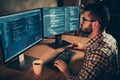 Close up side profile photo handsome he him his guy brainstorming briefing coder typing php css keyboard development