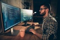 Close up side profile photo handsome he him his guy brainstorming briefing coder typing php css keyboard development