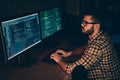 Close up side profile photo handsome he him his guy coder typing php css html keyboard development outsource IT