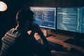 Close up side profile photo handsome he him his guy ponder pensive hands arms chin coder code development outsource IT