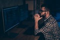 Close up side profile photo handsome he him his guy ponder pensive hands arms chin coder code development outsource IT