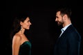Close up side profile photo pair she her classy he him his macho tenderness look face-to-face sincere glad meeting wear Royalty Free Stock Photo
