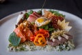 Close Up Side Shot of Creative Plate of Chirashi