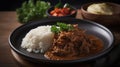 Close-up side view of delicious rendang food on a plate. Beautifully designed and created