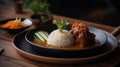 Close-up side view of delicious rendang food on a plate. Beautifully designed and created.