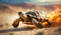 Fast Turtle Running at Full Speed in the Desert with Flames- Generative Ai Royalty Free Stock Photo