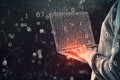 Close up and side view of hacker hands using laptop standing on abstract dark hacking background with bokeh circles and Royalty Free Stock Photo