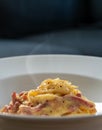 Close up side view Pasta alla carbonara with hot stream above plate, Carbonara pasta, spaghetti with pancetta, egg, hard parmesan Royalty Free Stock Photo