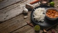 Close-up side view of plate with delicious chicken tikka masala curry and rice on rustic wooden table with spices background. Royalty Free Stock Photo