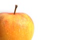 Yellow apple with red spots splattered with drops of water on white background