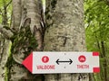 Close up of sign indicating way from Theth to Valbona, famous trek in the Albanian Alps. Royalty Free Stock Photo