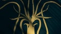 Close-up silhouette of golden kraken with tentacles on background of developing dark turquoise flag. Animation. Emblem