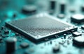 Close-up silicon wafer. Microchip central processing unit on circuit board. Computer tech, digital integrated circuits, Royalty Free Stock Photo