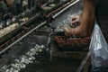 Close-up of silk worm factory processing with water sinks