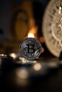 Close-up of Silver Bitcoin Cryptocurrency Coin with Bokeh Background Royalty Free Stock Photo