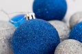 Close up of silver and blue shiny Christmas balls Royalty Free Stock Photo