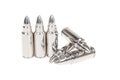 Close up of silver bullets in a row, isolated on white Royalty Free Stock Photo