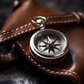 close-up of a silver compass with a leather strap generative AI Royalty Free Stock Photo