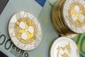 Close-up silver and gold bitcoin coins
