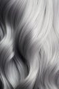 Close up silver grey wavy long shiny hair texture, trendy hair coloring, female hair fashion.