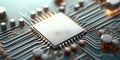 Close Up of Silver Microchip and Circuitry for Electronics Technology Background Concept Image. Royalty Free Stock Photo