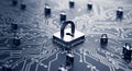 Close-up of a silver padlock on a computer circuit board with smaller locks representing digital security and data protection Royalty Free Stock Photo