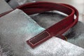Close-up silver shiny beautiful leather bag with royal red handles Royalty Free Stock Photo