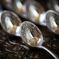 A close up of a silver spoon with a design on it, AI Royalty Free Stock Photo
