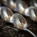 A close up of a silver spoon with a design on it, AI