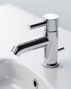 Close-up silver tap in white minimal bathroom washbasin with decorations. Generative AI Royalty Free Stock Photo