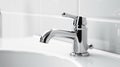 Close-up silver tap in white minimal bathroom washbasin with decorations. Generative AI Royalty Free Stock Photo