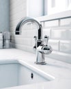 Close-up silver tap in white minimal bathroom washbasin with decorations. Generative AI Royalty Free Stock Photo