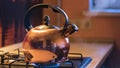 Close-up of silver teapot boiling on stove. Concept. Boiling kettle on stove in beautiful evening kitchen interior Royalty Free Stock Photo