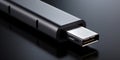 Close up of silver usb stick with gigabytes of memory for data storage, AI generated