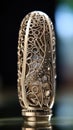 A close up of a silver vase with intricate designs, AI