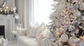 Close-up of a Silver and White Christmas Tree with Ornaments and Lights Royalty Free Stock Photo