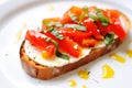close-up of a single bruschetta on a white plate, showing details of roasted peppers