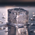 Close-up of a single, clear ice cube with trapped air bubbles, melting on a reflective surface Royalty Free Stock Photo