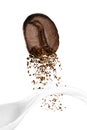 Close up of Coffee Bean and Coffee Grind and Milk Splash Royalty Free Stock Photo
