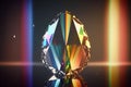 Diamond Drop with rays of rainbow colored light reflecting out the prism facets. Shot on dark background. Generative AI