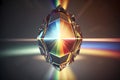 Diamond Drop with rays of rainbow colored light reflecting out the prism facets. Shot on dark background. Generative AI