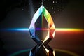 Diamond Drop with rays of rainbow colored light reflecting out the prism facets. Shot on dark background. Generative AI