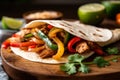 Close-up of a single fajita, garnished with fresh cilantro and lime, on a wooden board with colorful toppings in the background