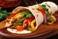 Close-up of a single fajita, garnished with fresh cilantro and lime, on a wooden board with colorful toppings in the background