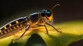 A close-up of a single firefly perched on a blade of grass.