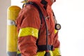 close up single fireman in fire fighting protection suit and equipment Royalty Free Stock Photo